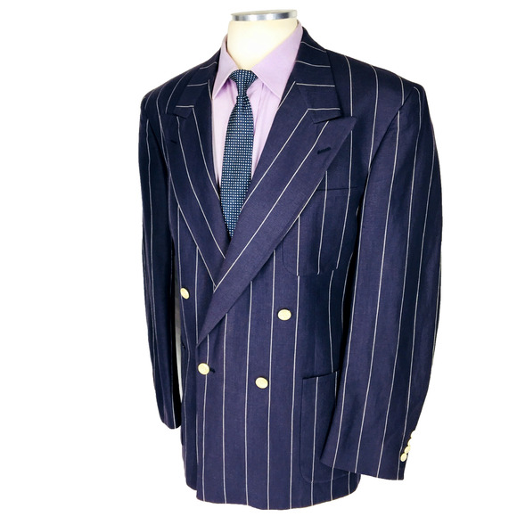 42L Jacobsons USA Mens Vintage Double Breasted Linen Wool Blazer Jacket Navy - Picture 1 of 14